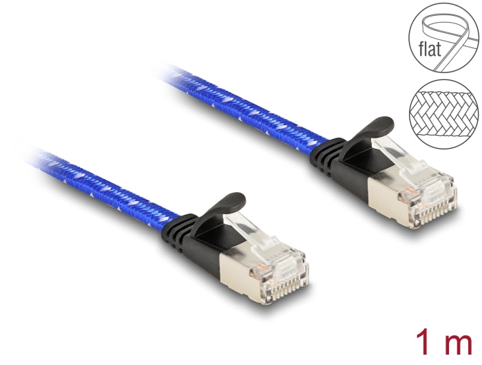 Delock RJ45 Flachband Netzwerkkabel mit Geflechtmantel Cat.6A U/FTP 1 m blau