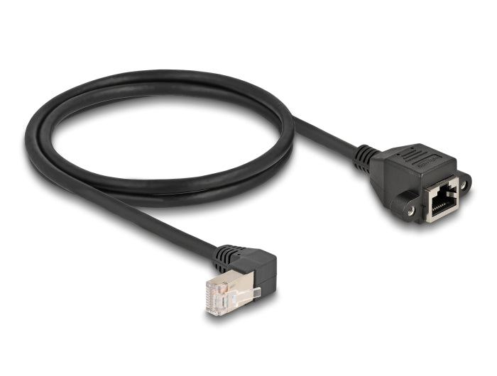 Delock Netzwerk Verlängerungskabel S/FTP Stecker RJ45 Stecker 90° gewinkelt zu RJ45 Einbaubuchse Cat.6A 1 m schwarz