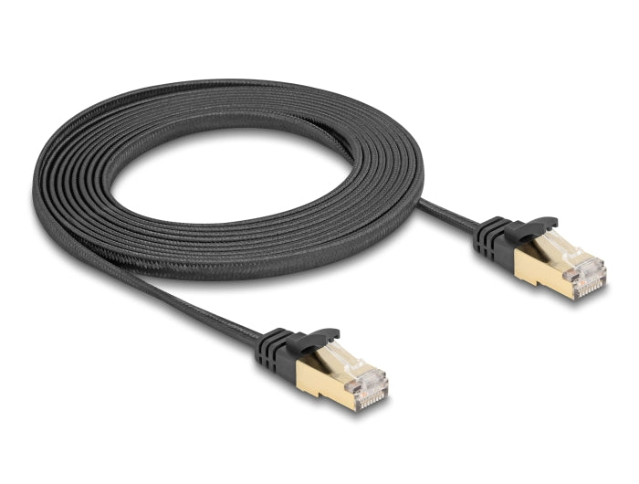 Delock RJ45 Flachband Netzwerkkabel mit Geflechtmantel Cat.6A U/FTP Stecker zu Stecker 3 m schwarz