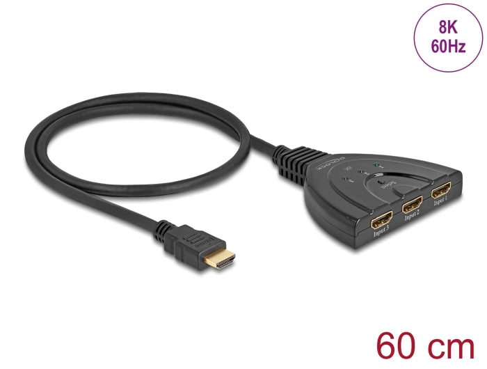 Delock HDMI Switch 3 x HDMI in zu 1 x HDMI out 8K 60 Hz mit integriertem Kabel 60 cm