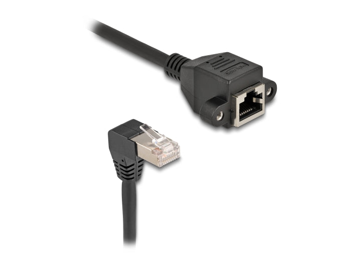Delock Netzwerk Verlängerungskabel S/FTP RJ45 Stecker 90° gewinkelt zu RJ45 Einbaubuchse Cat.6A 0,5 m schwarz