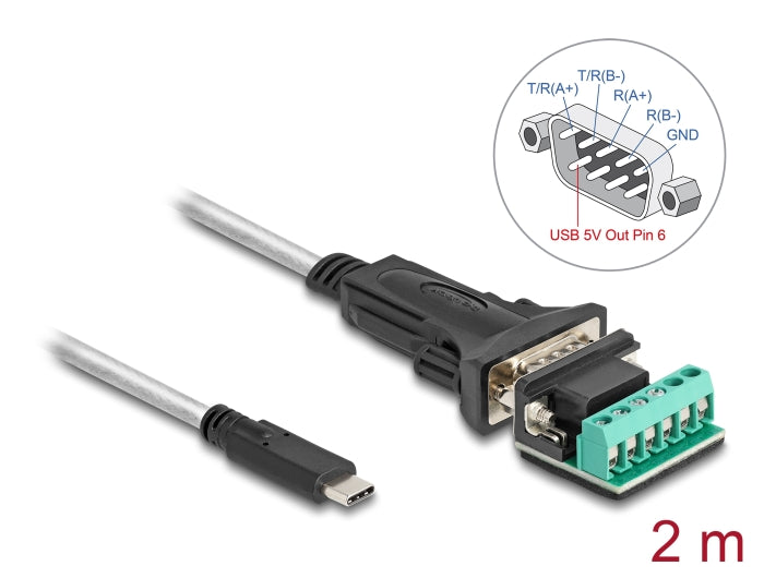 Delock Adapter USB 2.0 Type-C™ zu 1 x Seriell RS-422/485 Stecker mit 6 Pin Terminalblock 5 V 2 m