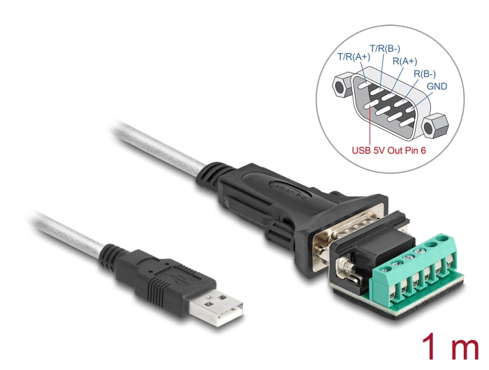 Delock Adapter USB 2.0 Typ-A zu 1 x Seriell RS-422/485 Stecker mit 6 Pin Terminalblock 5 V 1 m