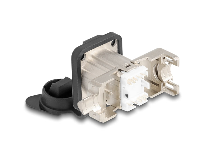 Delock D-Typ RJ45 Einbaubuchse mit LSA Anschluss Cat.6A STP mit Schutzkappe IP66 staub- und wasserdicht