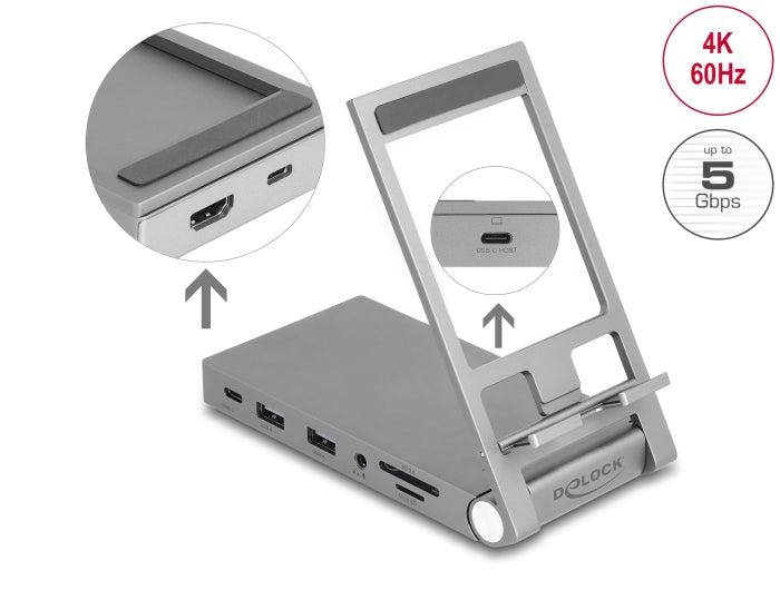 Delock Tablet und Notebook Dockingstation 4K mit integrierter Halterung - HDMI / USB / Hub / SD / Micro SD / PD 3.0 - klappbar