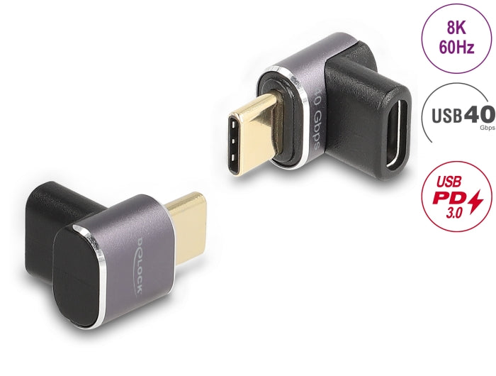 Delock USB Adapter 40 Gbps USB Type-C™ PD 3.0 100 W Stecker zu Buchse gewinkelt 8K 60 Hz Metall kompakt