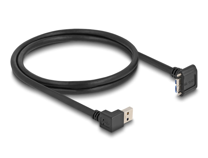 Delock USB 5 Gbps Kabel USB Typ-A Stecker 90° nach unten gewinkelt zu USB Micro-B Stecker mit Schraubenabstand 18 mm 90° nach unten gewinkelt 1 m schwarz