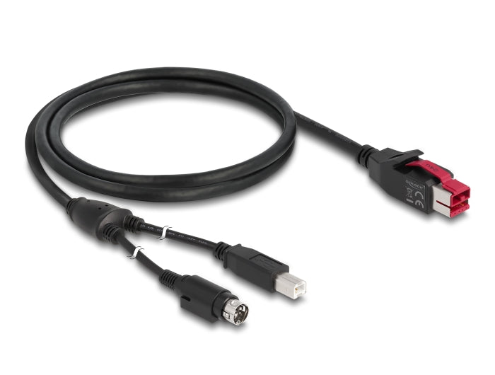 Delock PoweredUSB Kabel Stecker 24 V > USB Typ-B Stecker + Hosiden Mini-DIN 3 Pin Stecker 1 m für POS Drucker und Terminals