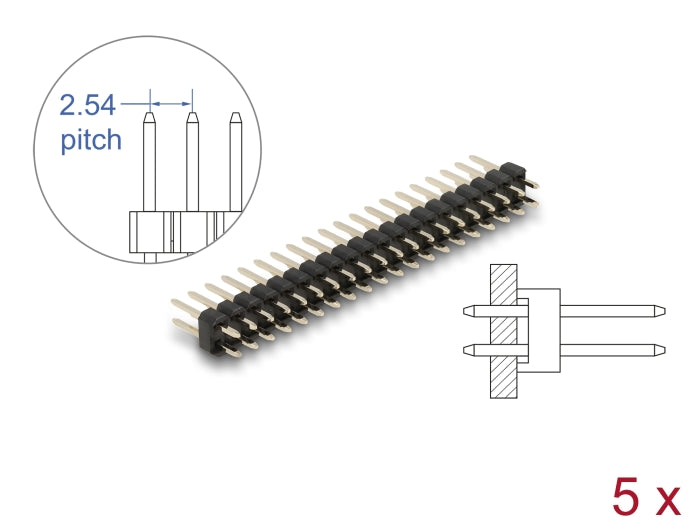 Delock Stiftleiste 20 Pin, Rastermaß 2,54 mm, 2-reihig, gerade, 5 Stück
