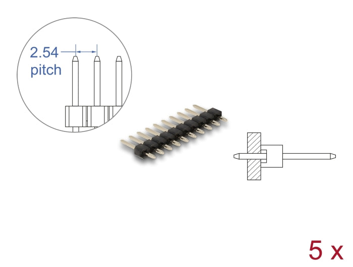 Delock Stiftleiste 10 Pin, Rastermaß 2,54 mm, 1-reihig, gerade, 5 Stück