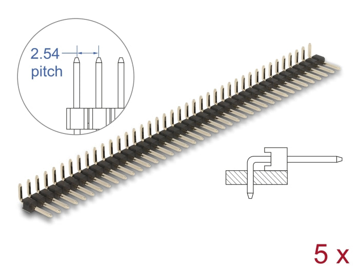 Delock Stiftleiste 40 Pin, Rastermaß 2,54 mm, 1-reihig, gewinkelt, 5 Stück