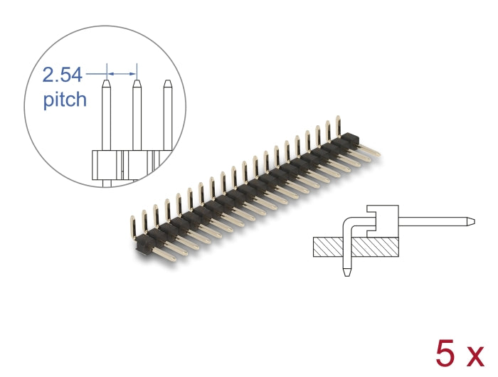 Delock Stiftleiste 20 Pin, Rastermaß 2,54 mm, 1-reihig, gewinkelt, 5 Stück