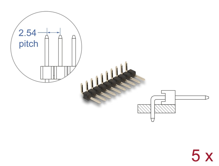Delock Stiftleiste 10 Pin, Rastermaß 2,54 mm, 1-reihig, gewinkelt, 5 Stück