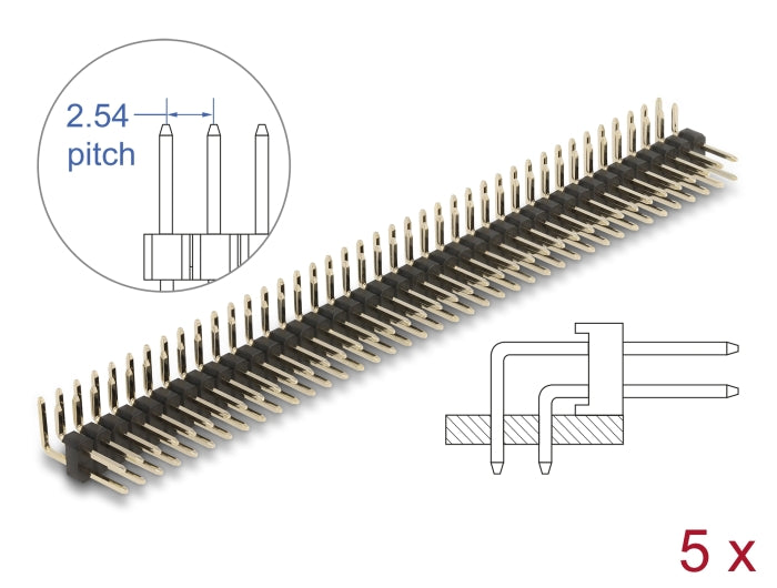 Delock Stiftleiste 40 Pin, Rastermaß 2,54 mm, 2-reihig, gewinkelt, 5 Stück