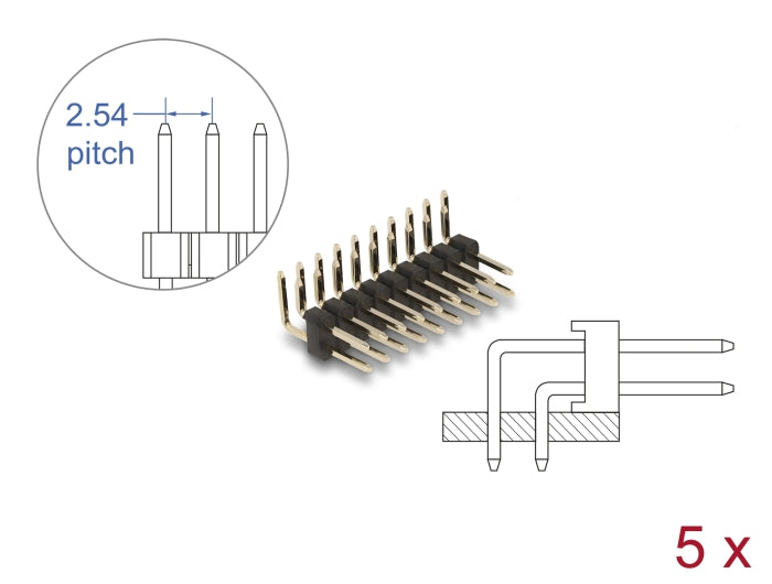 Delock Stiftleiste 10 Pin, Rastermaß 2,54 mm, 2-reihig, gewinkelt, 5 Stück
