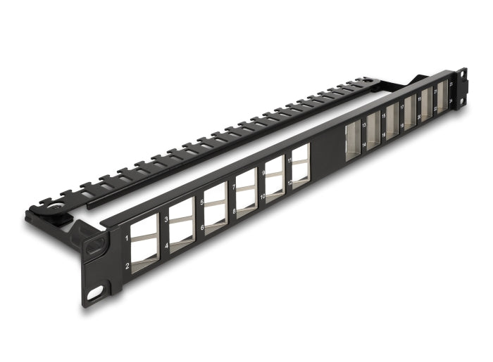 Delock 19″ Keystone Patchpanel 24 Port gewinkelt mit Entlastungsschiene schwarz