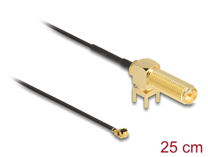 Delock Antennenkabel RP-SMA 90° PCB Buchse zum Einbau zu I-PEX Inc., MHF® I Stecker 1.13 25 cm Gewindelänge 15 mm