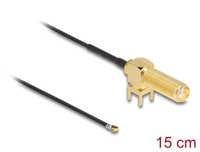 Delock Antennenkabel SMA 90° PCB Buchse zum Einbau zu I-PEX Inc., MHF® 4L Stecker 1.13 15 cm Gewindelänge 15 mm