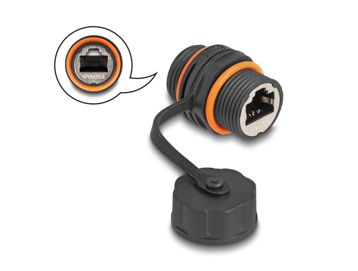 Delock Kabelverbinder RJ45 Buchse zu RJ45 Buchse Cat.6A mit M20 Gewinde und Verschlusskappe IP68 staub- und wasserdicht