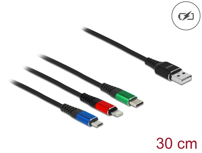 Delock USB Ladekabel 3 in 1 Typ-A zu Lightning™ / Micro USB / USB Type-C™ 30 cm 3-farbig