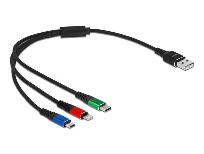 Delock USB Ladekabel 3 in 1 Typ-A zu Lightning™ / Micro USB / USB Type-C™ 30 cm 3-farbig