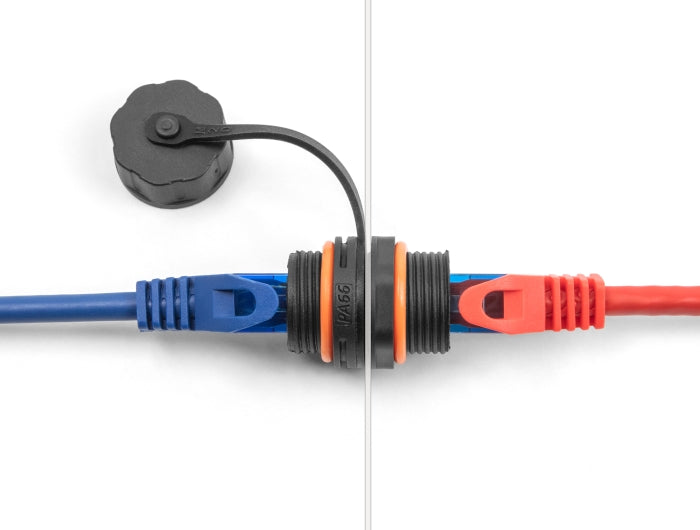 Delock Kabelverbinder RJ45 Buchse zu RJ45 Buchse Cat.6A mit M20 Gewinde und Verschlusskappe IP68 staub- und wasserdicht