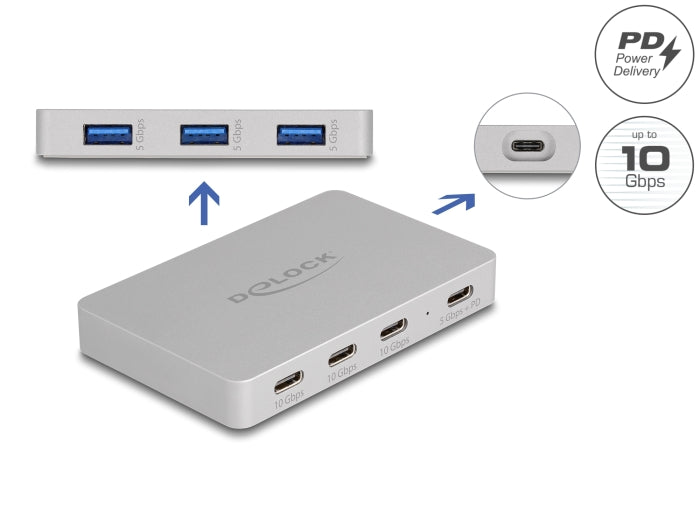 Delock 7 Port USB Hub mit 4 x USB Type-C™ Buchse und 3 x USB Typ-A Buchse mit PD 82 W
