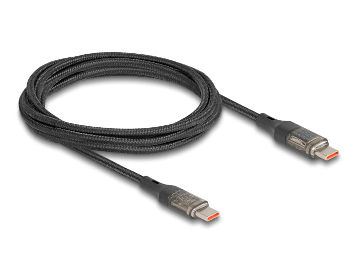 Delock USB 2.0 Daten- und Schnellladekabel USB Type-C™ Stecker zu Stecker PD 3.0 100 W mit Leistungsanzeige transparent 2 m