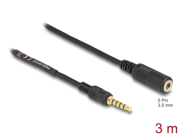 Delock Verlängerungskabel Klinke 3,5 mm 5 Pin Stecker zu Buchse 3 m schwarz