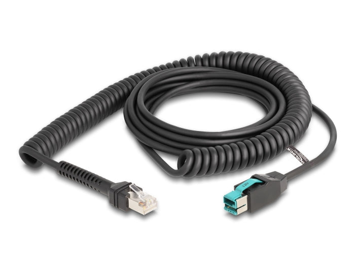 Delock Spiralkabel RJ50 Stecker zu PoweredUSB Stecker 12 V 3 m schwarz