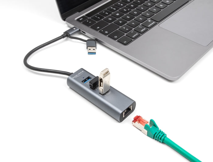 Delock 3 Port USB 5 Gbps Hub + Gigabit LAN mit USB Type-C™ oder USB Typ-A Anschluss im Metallgehäuse