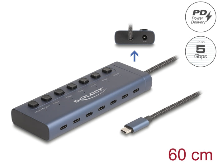 Delock USB 5 Gbps Hub mit 7 USB Type-C™ Ports mit Schalter davon 6 x Datenport + 1 x Daten und PD 20 Watt