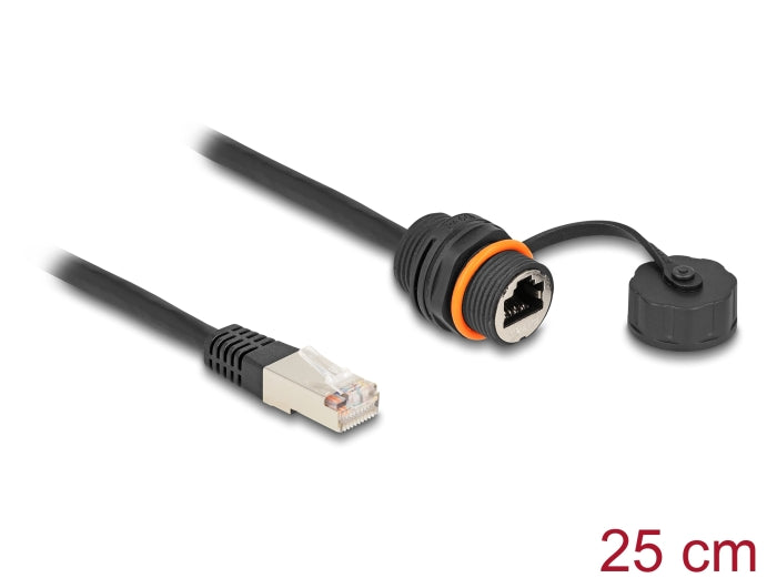 Delock Kabel RJ45 Stecker zu RJ45 Buchse Cat.6A zum Einbau mit M20 Gewinde und Verschlusskappe IP68 staub- und wasserdicht 25 cm schwarz