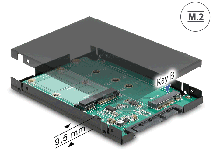 Delock 2.5″ Konverter SATA 22 Pin > 1 x M.2 Key B + 1 x mSATA - 9,5 mm