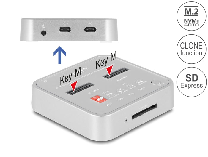 Delock Dockingstation für 1 x M.2 NVMe SSD + 1 x M.2 SATA SSD mit SD Express (SD 7.1) Card Reader und Klon Funktion