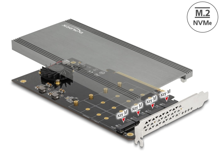 Delock PCI Express x16 Karte zu 4 x intern NVMe M.2 Key M mit Kühlkörper und Lüfter - Bifurcation