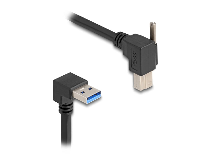 Delock USB 5 Gbps Kabel USB Typ-A Stecker 90° nach unten gewinkelt zu USB Typ-B Stecker mit Schraube 90° nach rechts gewinkelt 1 m schwarz