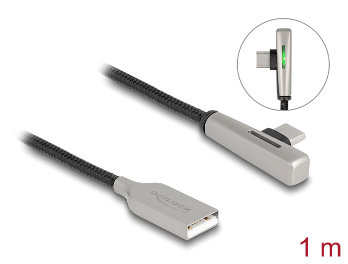 Delock USB 2.0 Kabel Typ-A Stecker zu USB Type-C™ Stecker gewinkelt mit LED und Schnellladefunktion 60 W 1 m