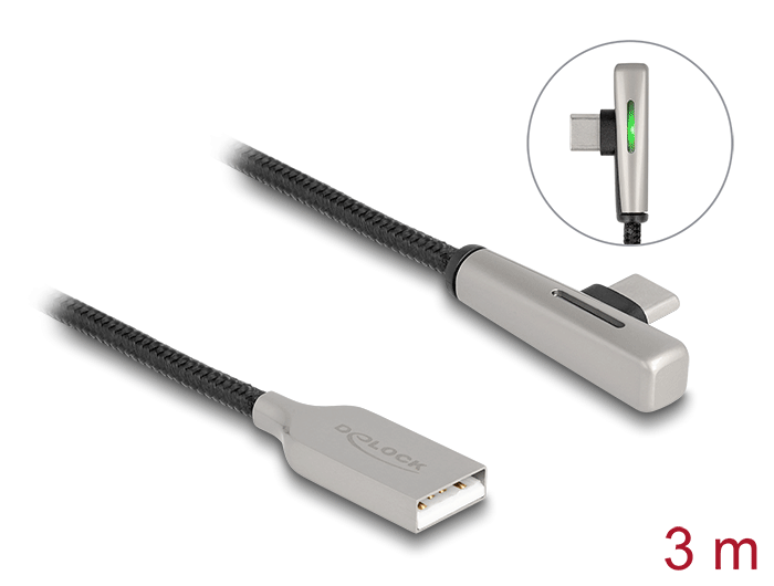 Delock USB 2.0 Kabel Typ-A Stecker zu USB Type-C™ Stecker gewinkelt mit LED und Schnellladefunktion 60 W 3 m