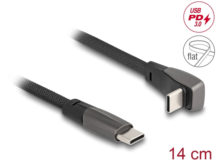 Delock USB 2.0 Flachbandkabel USB Type-C™ Stecker zu USB Type-C™ Stecker gewinkelt PD 3.0 60 W 14 cm schwarz