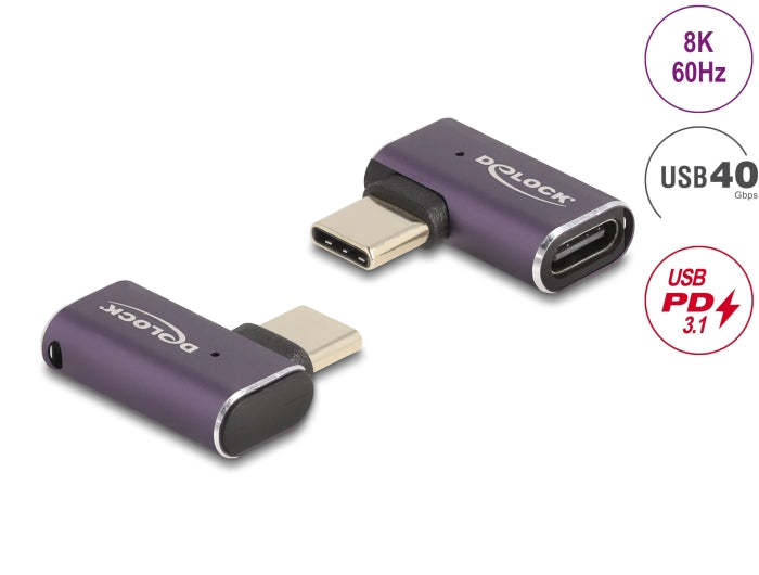 Delock USB Adapter 40 Gbps USB Type-C™ PD 3.1 240 W Stecker zu Buchse gewinkelt links / rechts 8K 60 Hz Metall