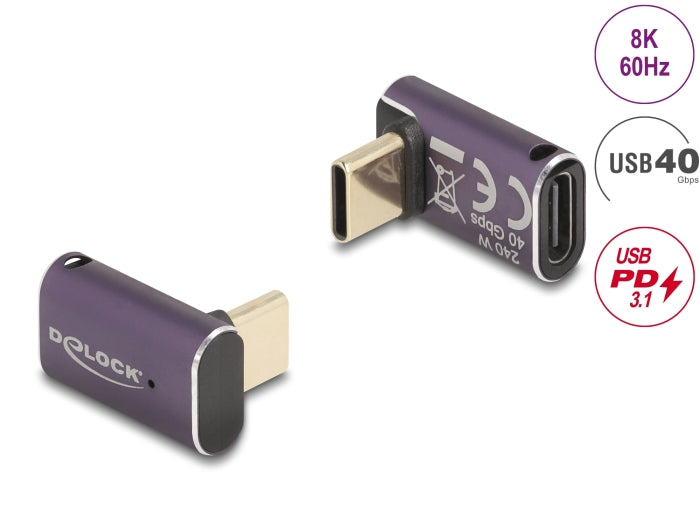 Delock USB Adapter 40 Gbps USB Type-C™ PD 3.1 240 W Stecker zu Buchse gewinkelt 8K 60 Hz Metall