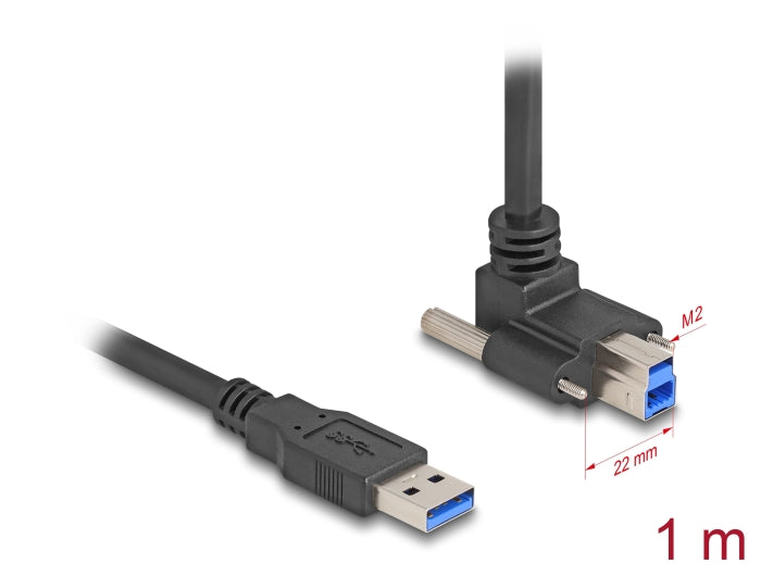 Delock USB 5 Gbps Kabel USB Typ-A Stecker gerade zu USB Typ-B Stecker mit Schraubenabstand 22 mm 90° nach oben gewinkelt 1 m schwarz