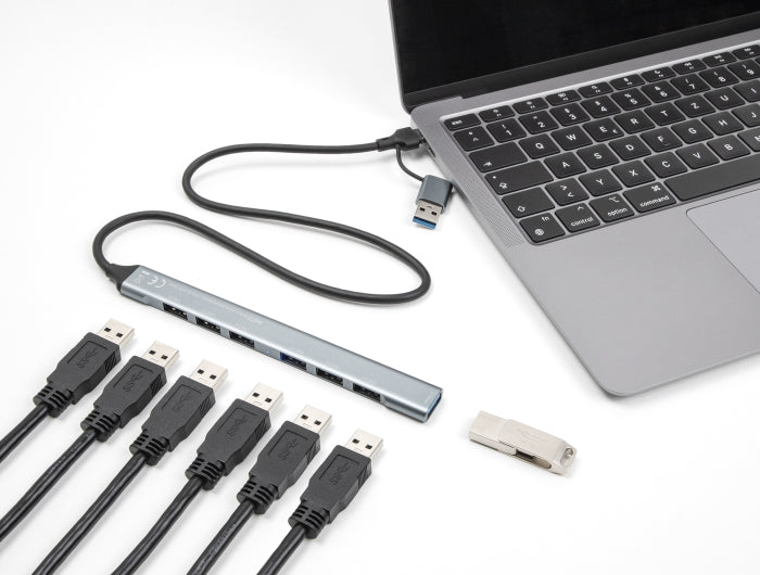 Delock 7 Port Slim USB Hub mit USB Type-C™ oder USB Typ-A zu 1 x USB 5 Gbps Typ-A + 6 x USB 2.0 Typ-A