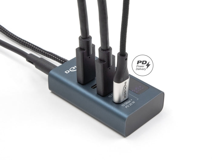 Delock USB 10 Gbps Hub mit 4 USB Type-C™ Ports davon 3 x Datenport + 1 x Daten und PD 20 Watt mit Leistungsanzeige