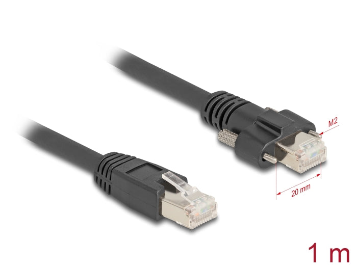 Delock Kabel RJ45 Stecker zu RJ45 Stecker mit Schraubenabstand 20 mm für GigE Kamera Cat.6A S/FTP 1 m schwarz