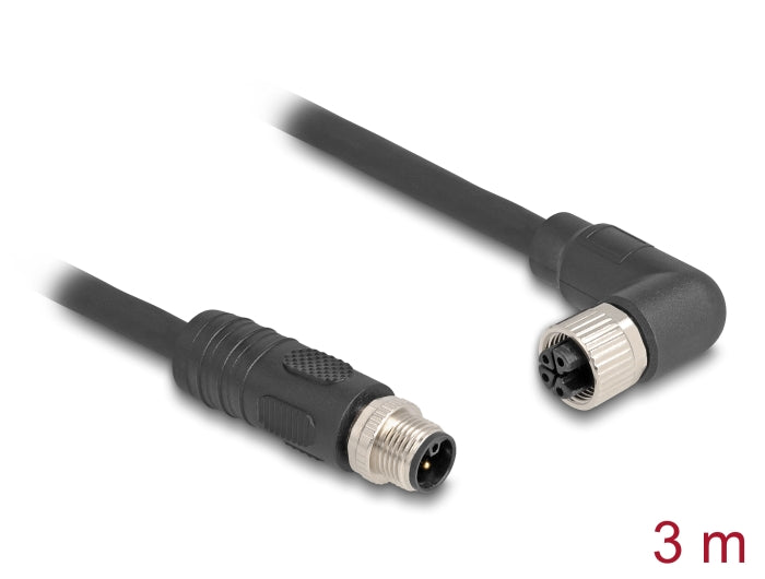 Delock M12 Kabel L-kodiert 4 Pin Stecker gerade zu Buchse rechts gewinkelt PUR schleppkettentauglich 3 m schwarz