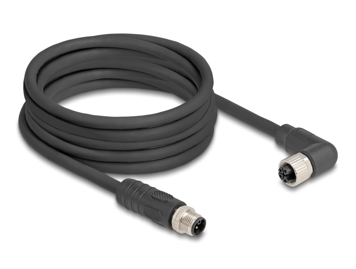 Delock M12 Kabel L-kodiert 4 Pin Stecker gerade zu Buchse rechts gewinkelt PUR schleppkettentauglich 5 m schwarz
