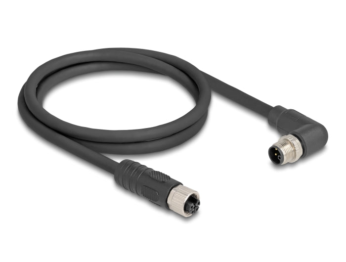 Delock M12 Kabel L-kodiert 4 Pin Stecker rechts gewinkelt zu Buchse gerade PUR schleppkettentauglich 1 m schwarz