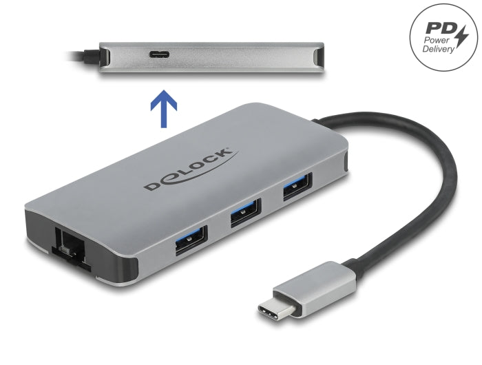 Delock USB 3.2 Gen 1 Hub mit 4 Ports und Gigabit LAN und PD